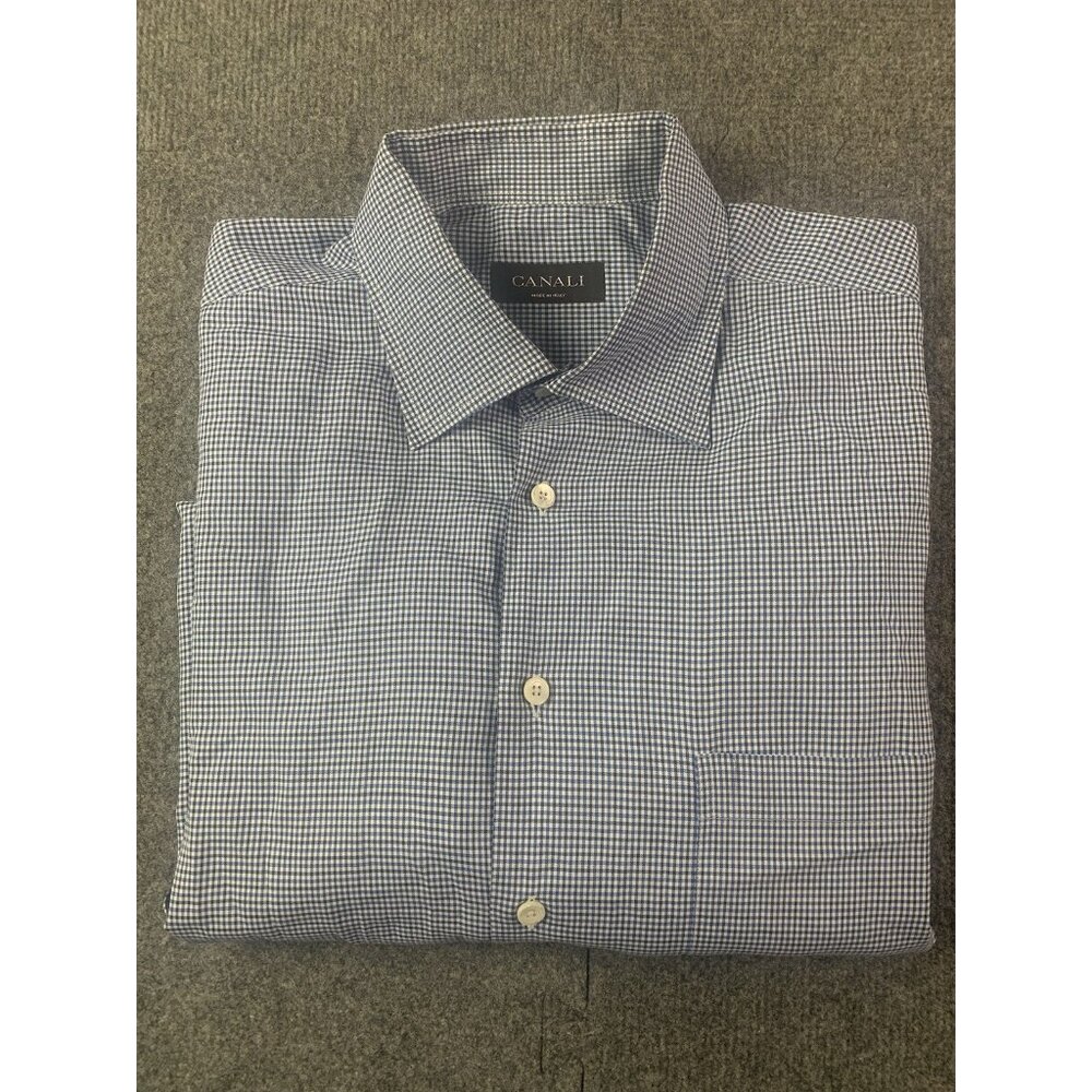Canali Mens 100% Cotton Made In Italy Long Sleeve Shirt Size 44-17.5 Blue/White